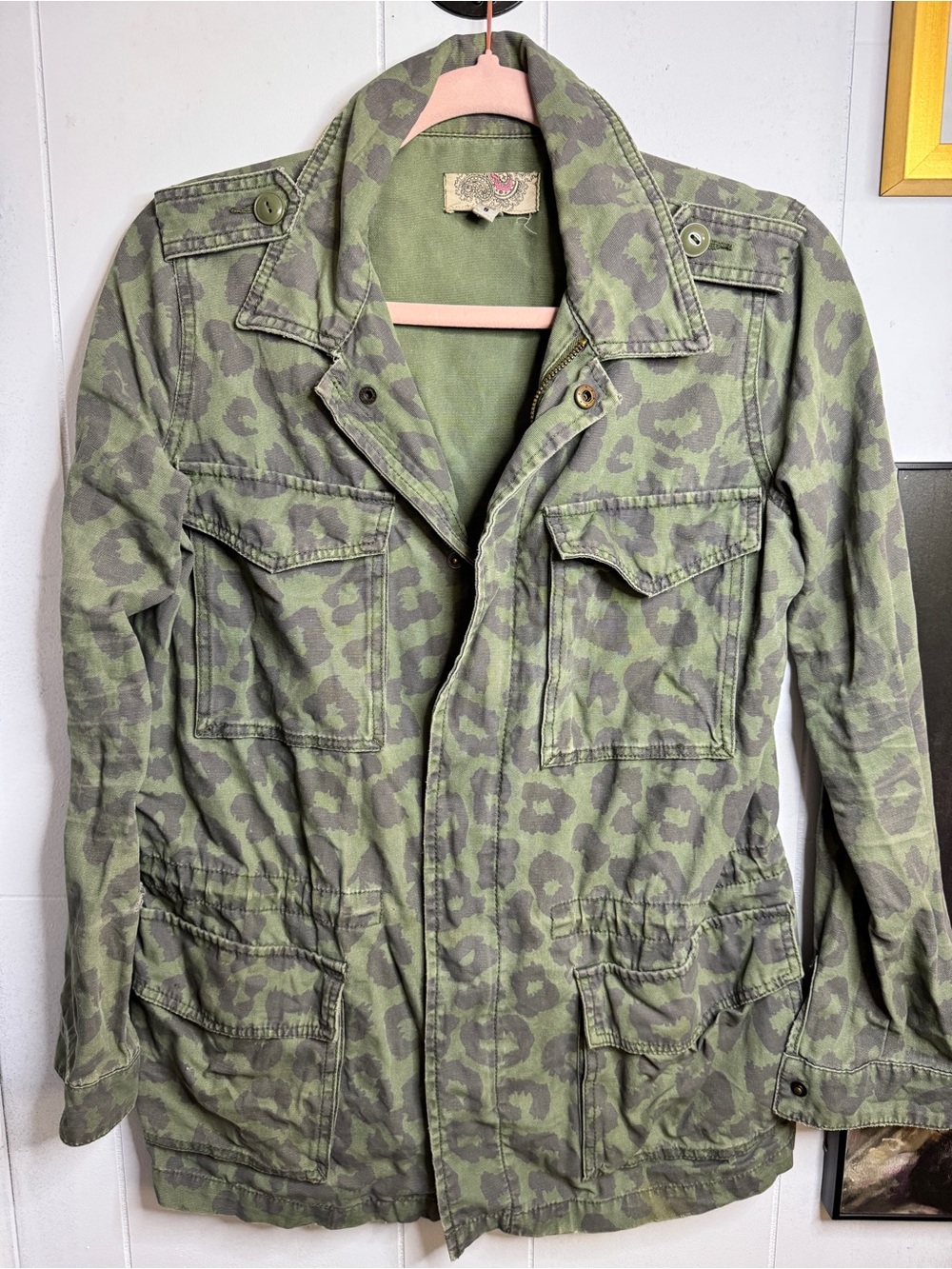 Boutique brand, green leopard print military jacket